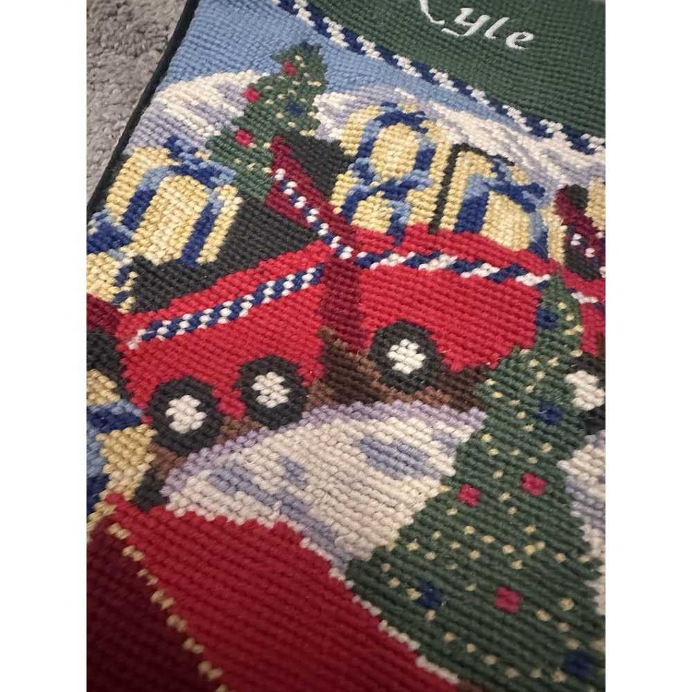Lands End Needlepoint Christmas Stocking Monogrammed‎ Kyle Train Toys Wool - Picture 3 of 8